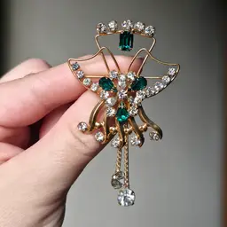 Vintage DeCurtis 12k Gold Filled Brooch or Pendant Green, Clear Rhinestones Gold Tone