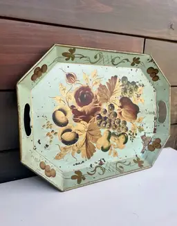 VTG Hand Painted Floral Motif Tole Nashco Green Metal Serving Tray 18”X13”