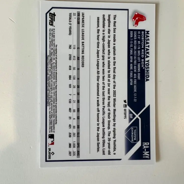 Masataka Yoshida True Red Color Match 2023 Topps Chrome RC Auto 1/5 Boston Red Sox