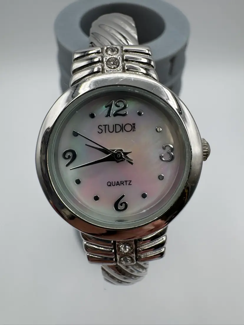 #17. Studio Women Watch Round Dial Silver Tone Cuff Band 6.5"