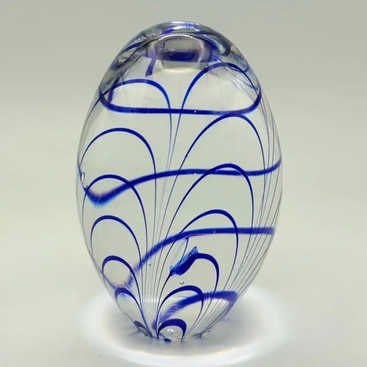 Blue Clear Paperweight Swirl Egg 3 3/4"