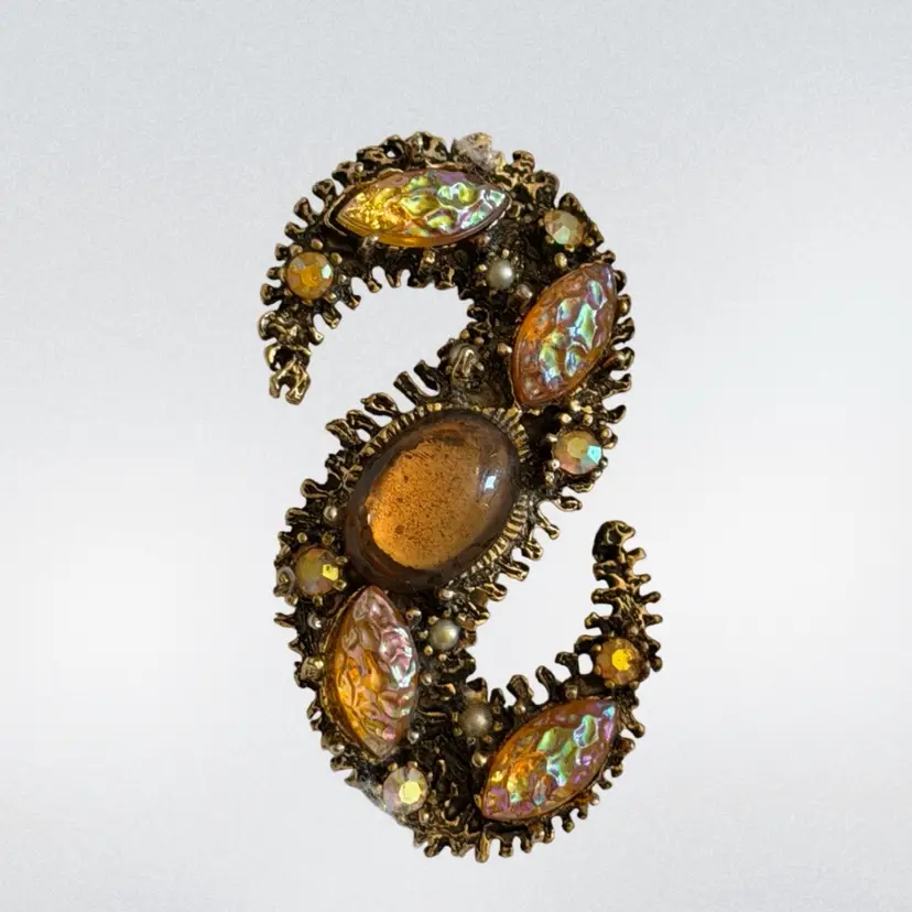 Paisley Swirl “S” Brooch - Antique Gold Tone With Honey Amber Art Glass & Aurora Borealis Rhinestones & Faux Pearls 2.5”