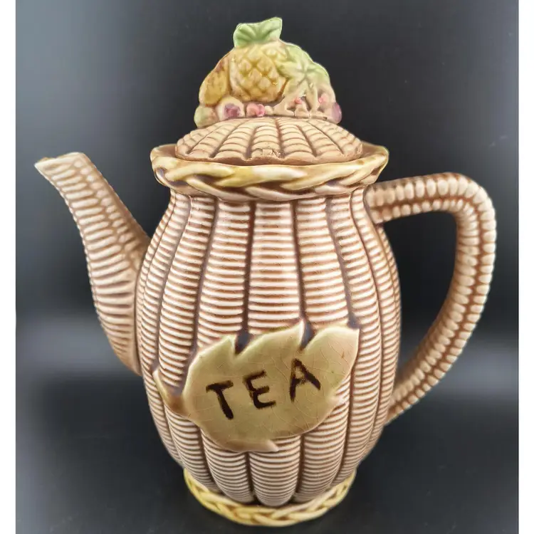 Vintage Tilso Basket Weave Leaf Print Teapot, Vinegar Bottle & Salt Pepper Shakers Marked