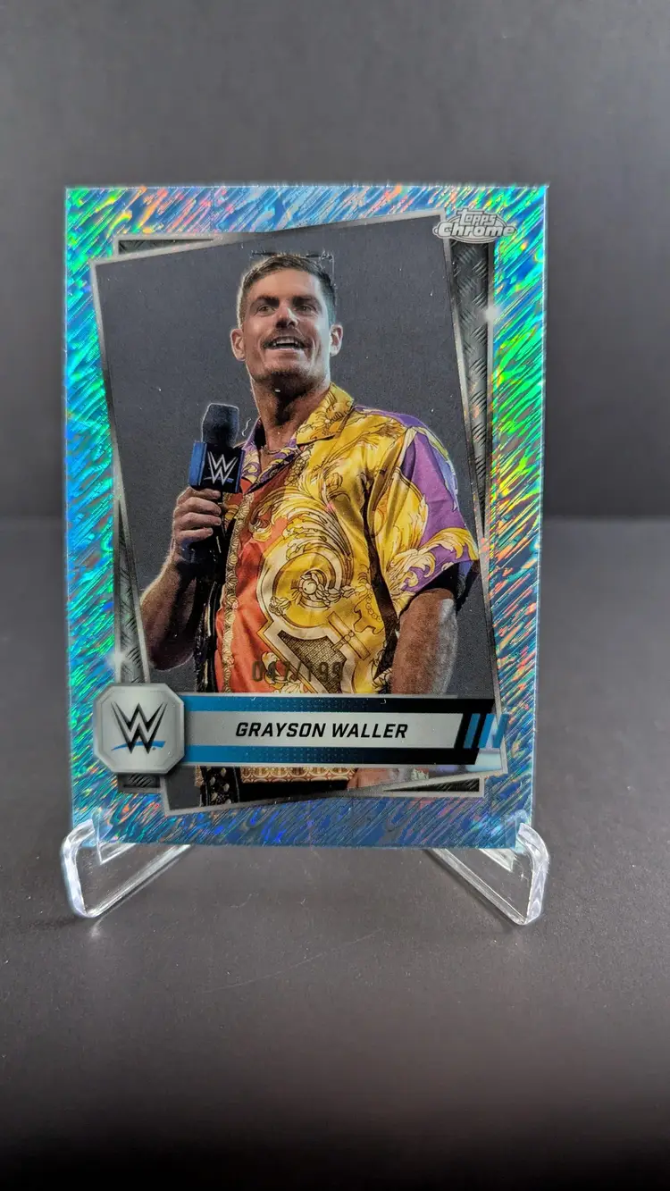 Grayson Waller 2025 WWE Topps Chrome AQUA SHIMMER Refractor 47/199 and Blue Silver