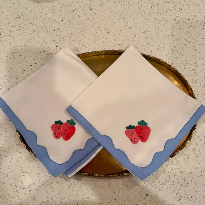 Vintage French strawberry embroidery set of 2 napkins