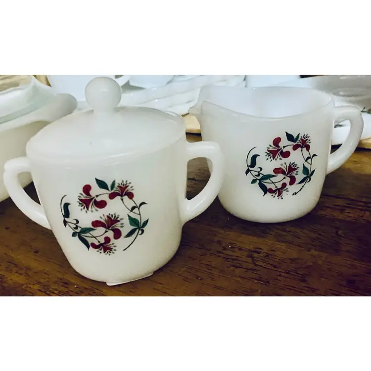 vintage Fire-King Honeysuckle creamer and sugar set