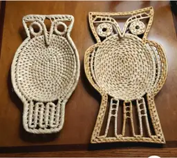 Vtg Owl Decor 70s Wicker Rattan Wall Hangings or Trinket Holder