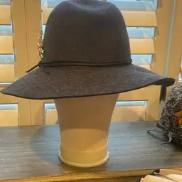 Dark Gray Wool Wide Brim Hat With Vintage Snowflake Pin