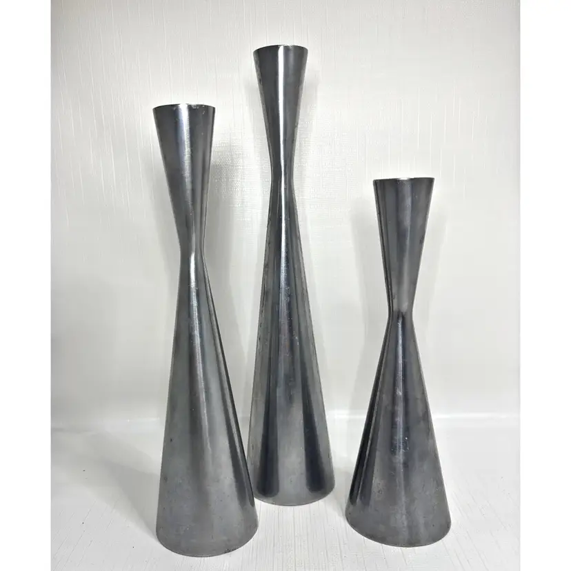 Silver Tone Metal Candle Holders Taper Candlestick Mid Century Modern Vintage Set of 3