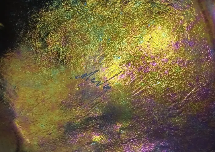 Kurt McVay Fused Art Glass Square Dish Dichroic Iridescent Blue And Gold Tones Fuse; Signed