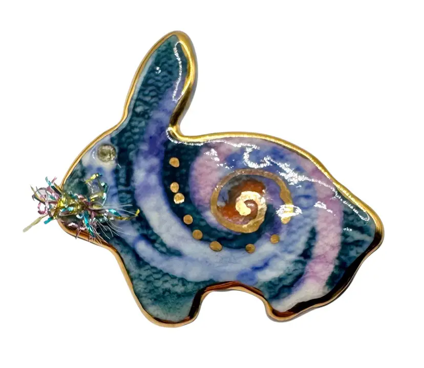 Handmade Ceramic Bunny Rabbit Shaped Brooch Pin Galaxy Blue Pink Gold Tone 1.5”