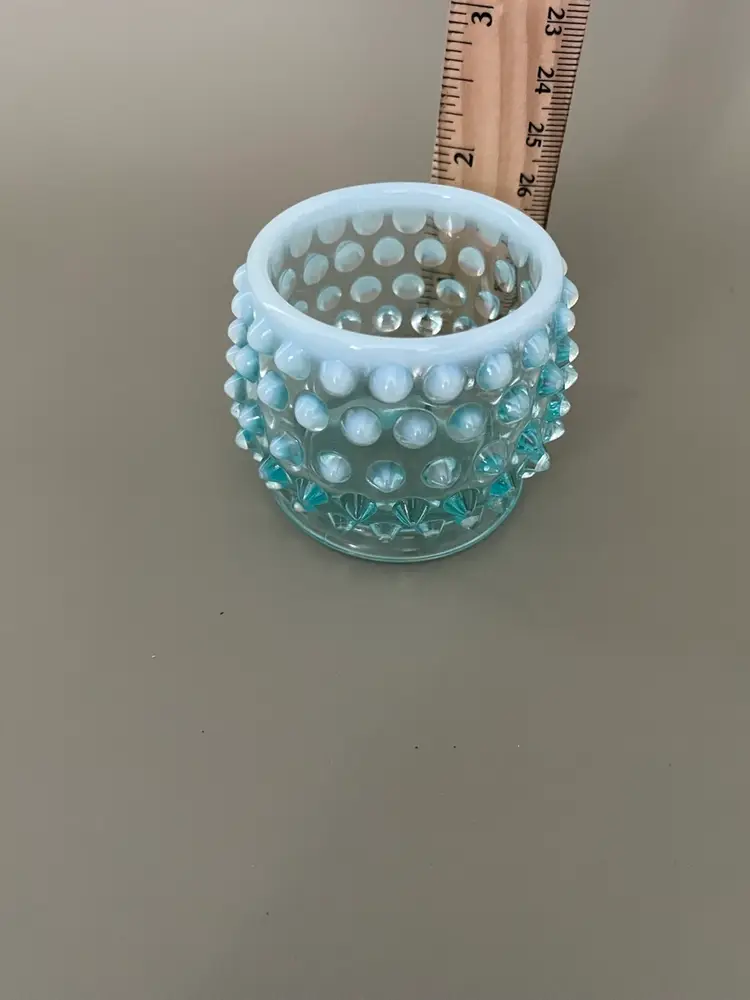 1940s Fenton Aqua Opalescent Hobnail Condiment Jar or Votive Candle Holder