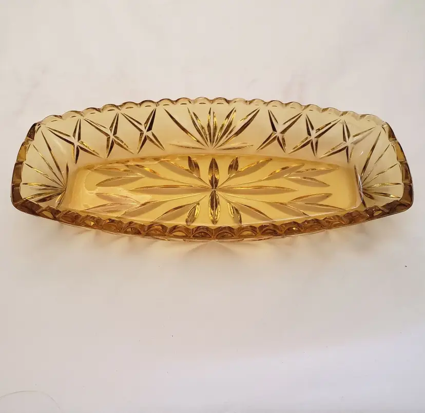 HAZEL ATLAS Harvest Gold Glass Celery Relish Asparagus Dish 9 1/2" long Vintage