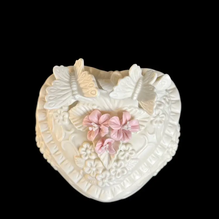 Heart Shaped Ceramic or Porcelain Trinket Box w/ Sculpted Flowers & Butterflies
