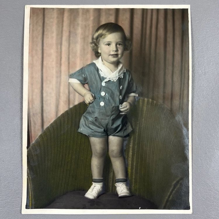 Vintage Tinted Photo Portrait Toddler Baby Blonde Curls Rosy Cheeks 8x10" Pink Backdrop Curtain