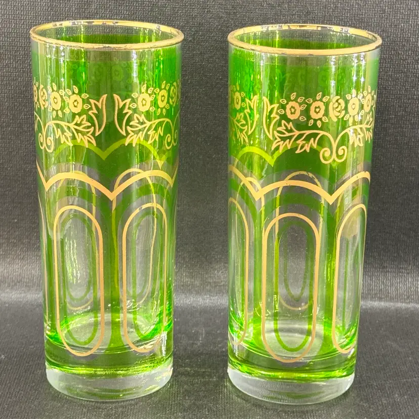 Vintage Moroccan Bohemian Lime Green Gold Paneled Tumbler Glass Set Of 2