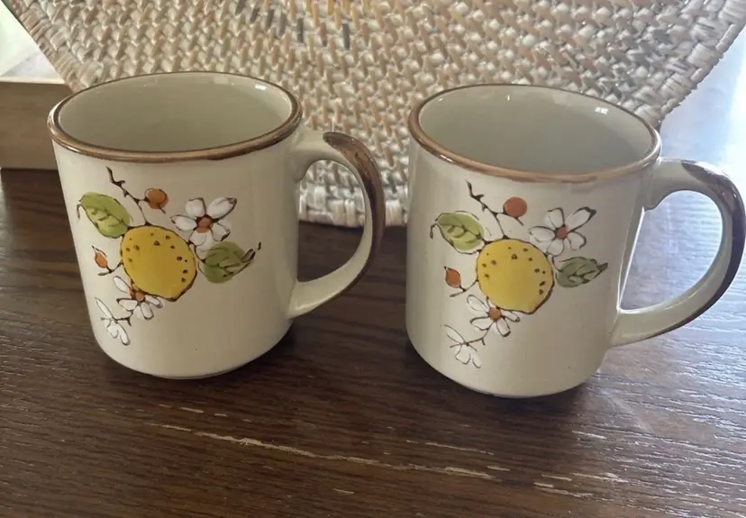 Vintage Set Of 2 NORLEANS Stoneware Speckled Mugs Hand-painted Lemon Tree Blooms