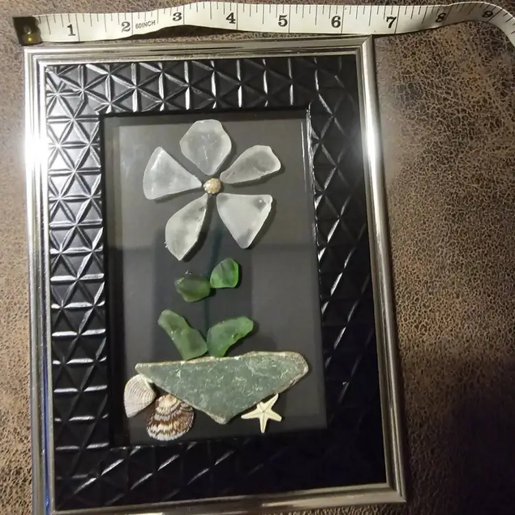 Authentic Sea Glass Framed Art Flower with Shells/Starfish Beach Decor
