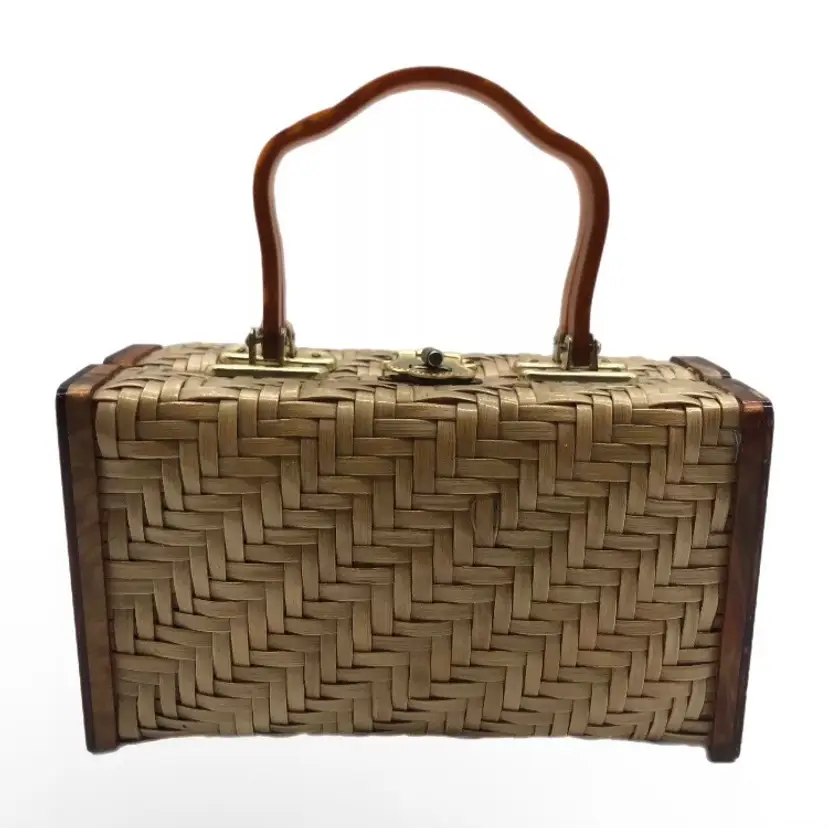Vintage 1960's Encore Handbag Wicker Purse Picnic Basket Style Made in Hong Kong