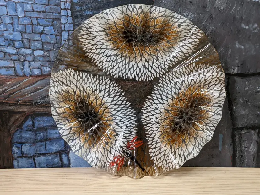 VTG Sydenstricker Fused Glass Mulicolor Plate Brown Flower White Red Dragonfly 12" Serving platter