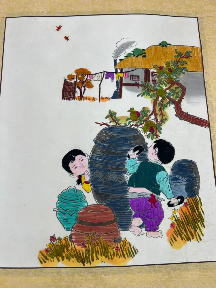 Vintage Korean Silk Embroidery Children With Onggi Jars Scroll 18.75 x 14.25 Art