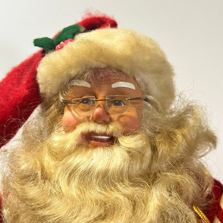 AK256 vintage smiling Santa, felt costume, plastic boots, glasses, 16 inch