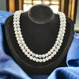 Vtg Faux Pearl and Iridescent Blue Turquoise Aqua Bead Double Strand Necklace