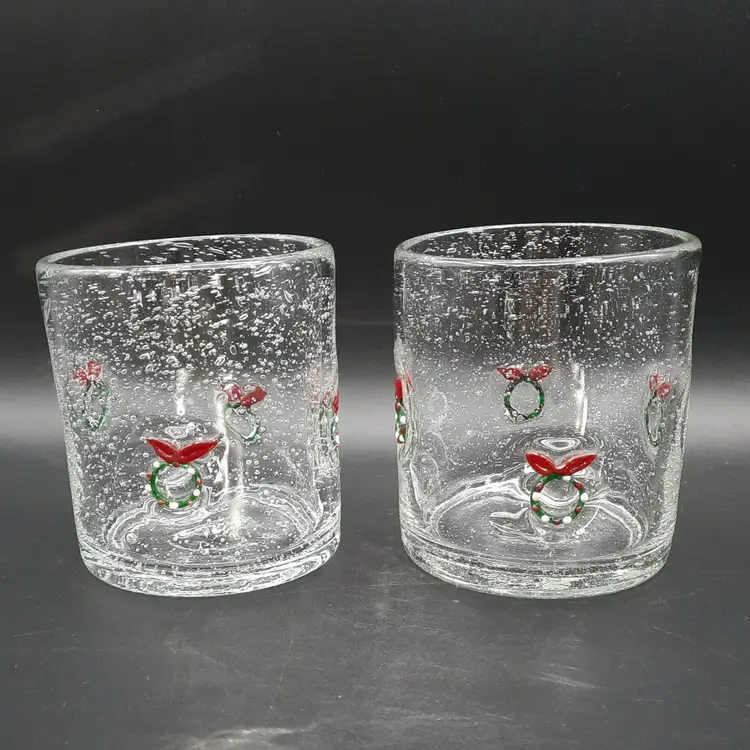 Christmas Wreath Icon Handblown Bubble Glasses Tumblers Set of 2