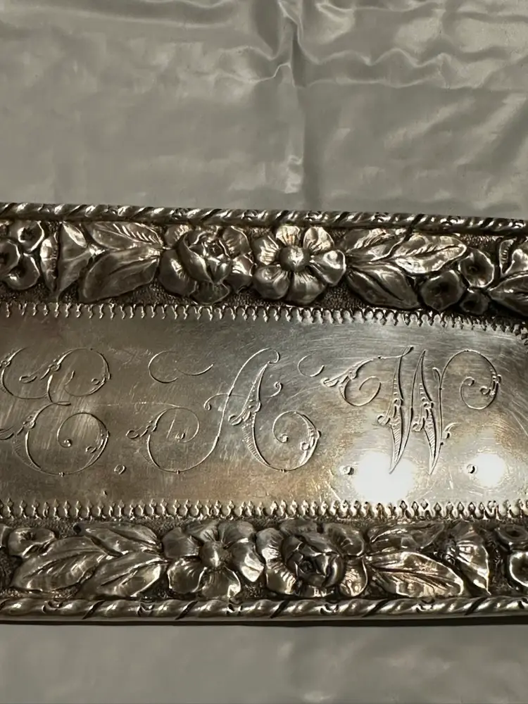 Antique 1888 Sterling Silver Calling Card Tray Floral Reposse