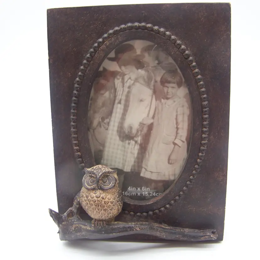 Vintage Rustic 6" x 8" Metal Picture Frame with Owl on Branch