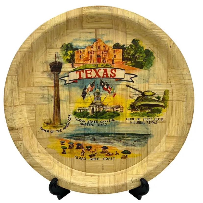 Vintage Texas Landmarks Souvenir Bamboo Tray Alamo Capitol Tower Americas 13" TX