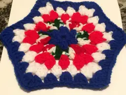 Handmade Doily! 10" at points, 8" at edges.  Red Hearts with White Blue and Green!