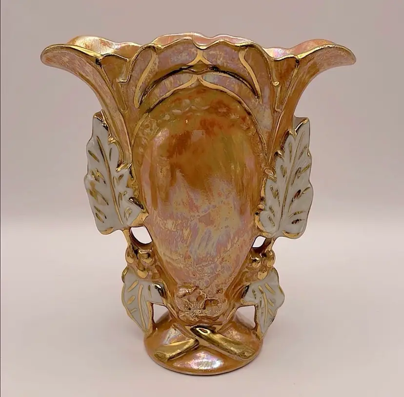 Kass China Company Ceramic Lustreware Iridescent Vase, Orange/Gold with Gold Accents, 5.5”