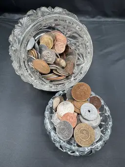 #42. Jar Filled International Coins 10 Coins, $5 SB,  Coins Added If Bidding Goes Up