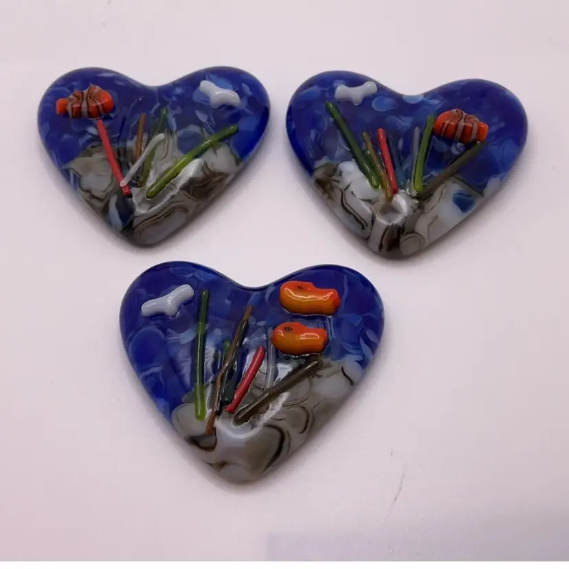 Made by Me! Fused Glass Pocket Heart Ocean 3D Goldfish or Nemo 1 3/4" Handcrafted Studio Art