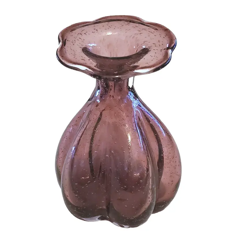 Studio Art Glass Purple Vase - flower design 6 1/2" tall unbranded with bubbles