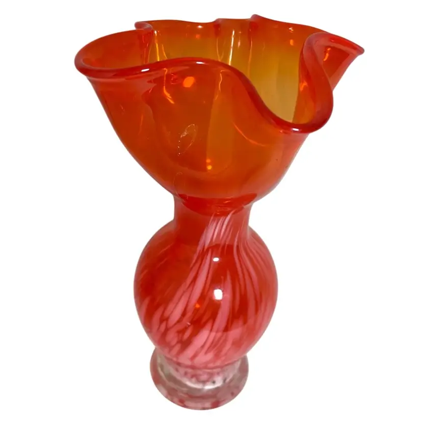 Vintage Wales Japan Hand Blown Orange & White Swirl Vase Handkerchief Ruffle Rim 7” Tall Art