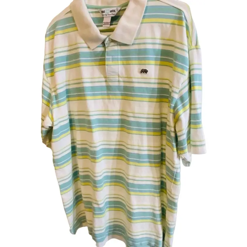 Ecko UNLTD Polo Striped With Light Blue Aqua Green, Yellow, And White Stripes. White Collard. Embroidered Logo. Size XL