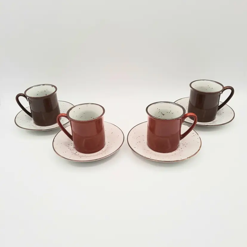 Vintage Speckled Espresso Cups & Saucers Brown & Orange Cups Set of 4