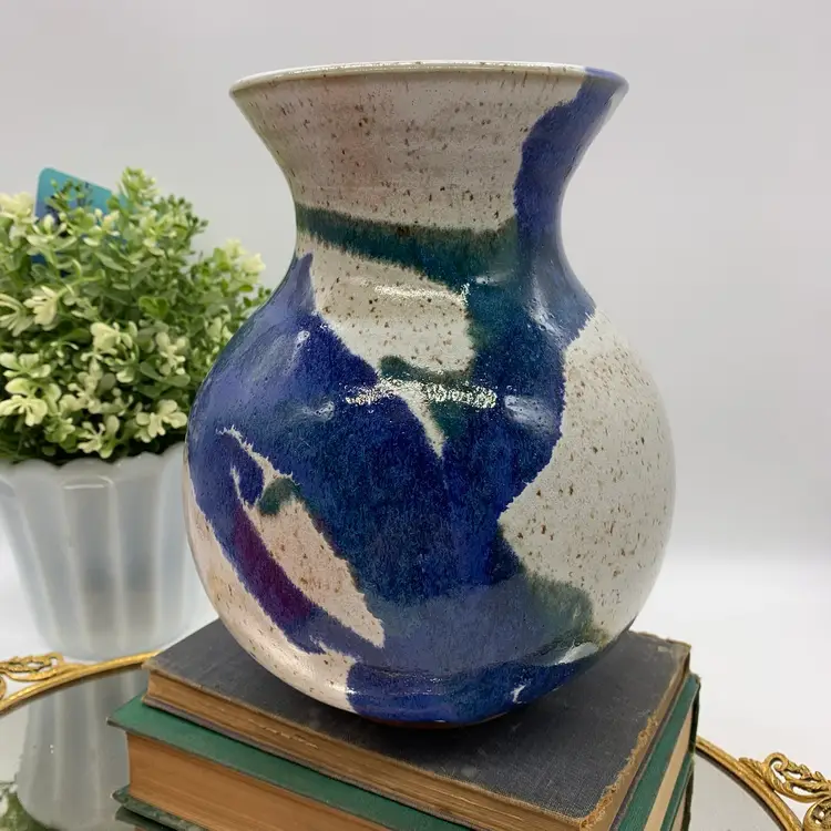 Hand Thrown Studio Stoneware Pottery Speckled Blue Green Vase Signed