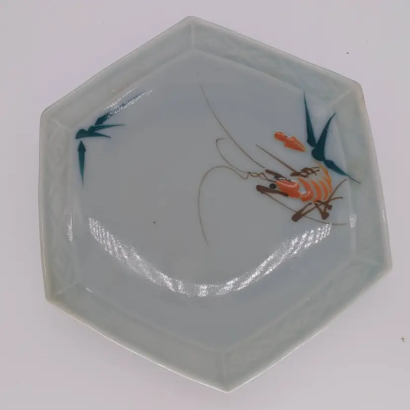 Vintage Celadon Hand Painted Shrimp Hexagonal Dish