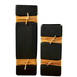 1980s Balos Glass Vases  5” & 7” Blown Glass Square Shape-Matte Black-Cane Detail Set of 2