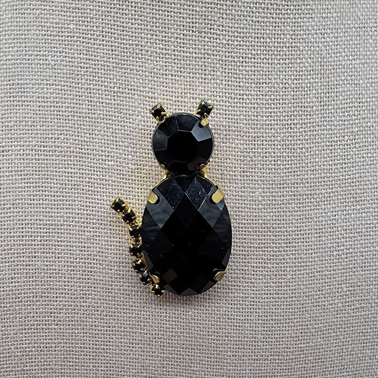Black Cat Rhinestone Gold Tone Halloween Pinback Tack Pin