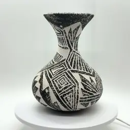 Acoma Pottery Vase 5" Black White Scraffito Signed David Routzen Pueblo Native