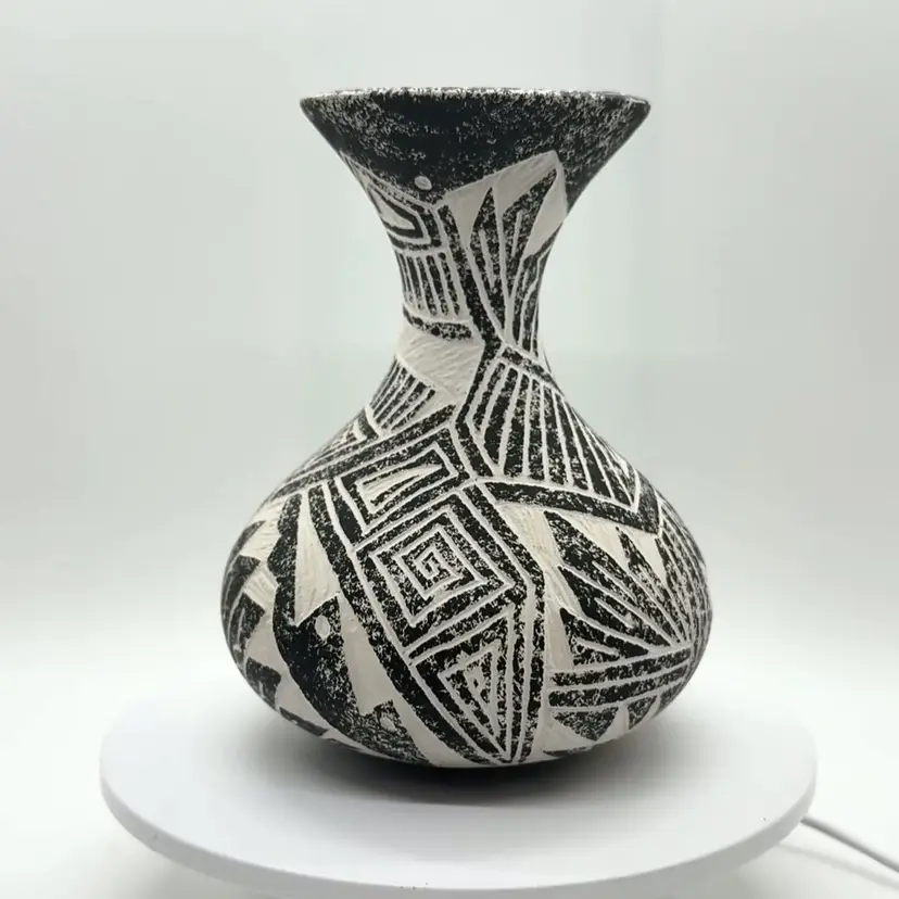 Acoma Pottery Vase 5" Black White Scraffito Signed David Routzen Pueblo Native