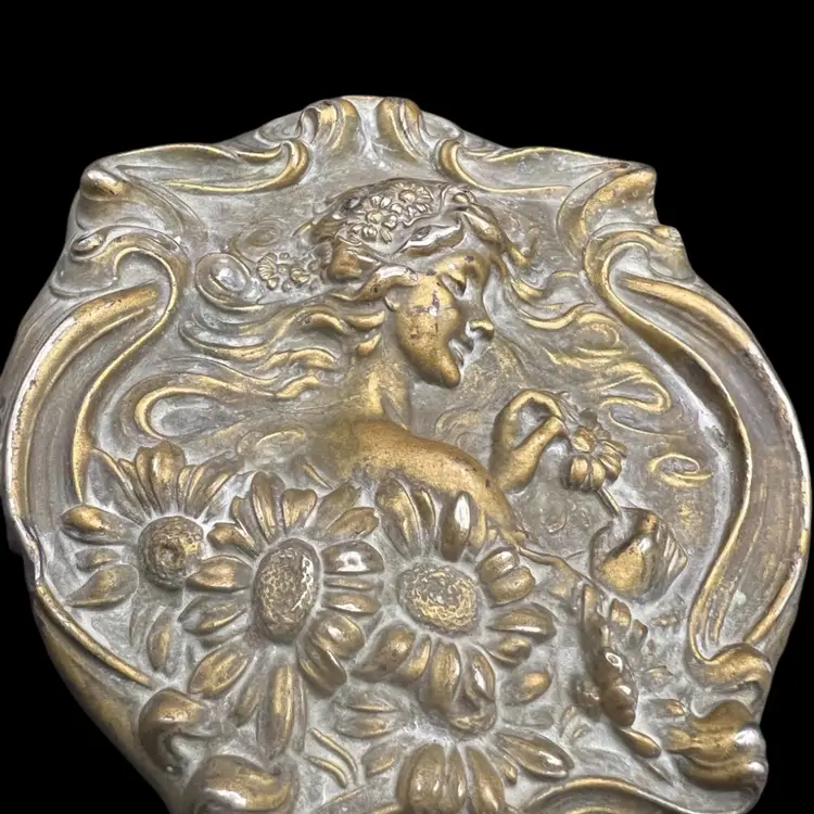 Antique Ornate sterling silver Unger Brothers “He Loves Me”, Art Nouveau hand mirror with repoussé floral and female figure. Untested, Only Researched. 8” Long, Mirror Is In Good Condition. See Pictures. Someone Painted Over The Silver , With Some Silver Cleaner It Is Coming Off But Is Still Beautiful In Current Condition.  Unique…. Rare Silver Find!! Hello Collectors- Resell For $500 -$1k… And Up, In Refurbished Condition