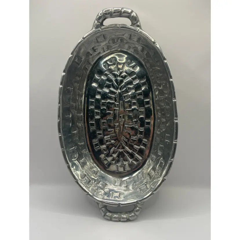 Mexican Cast Pewter Basket Weave Platter/Decor, 11 3-4” X 6 1/2” Oval