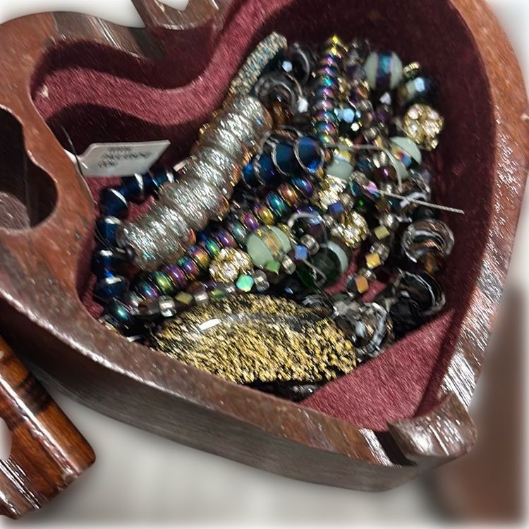 Vintage Wooden Heart Puzzle Box Filled With Glass Beads 5” Wide 2 1/2” Tall