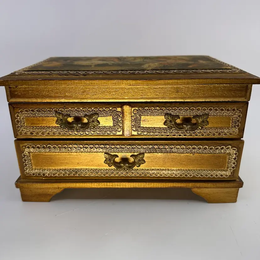 Vintage 1960s French Revival Florentine Gold Gilt Wooden JewelryBox With Fabric Top