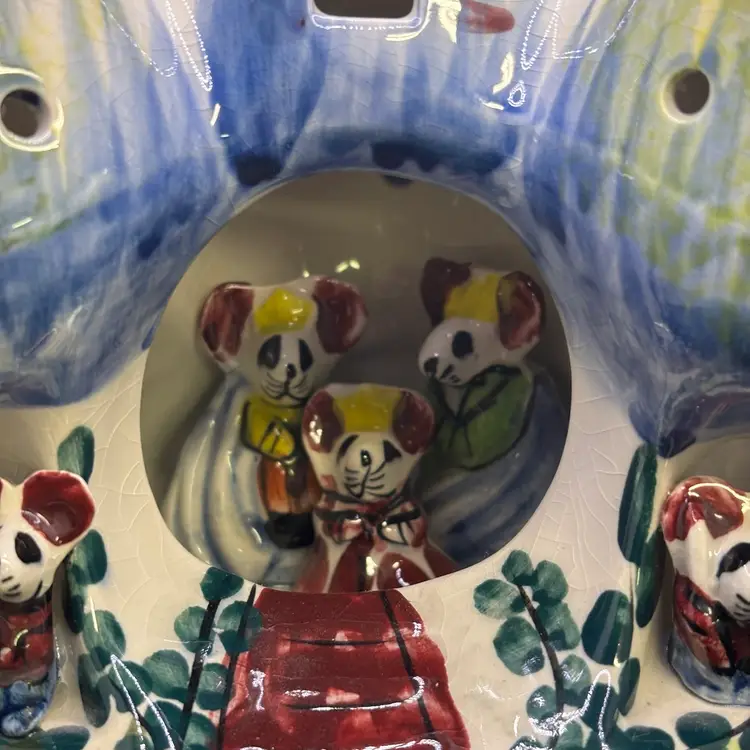 Derek Fowler Studio Pottery Lamp/Tea Light Holder w/Magical Mushroom and Mice 7.5”